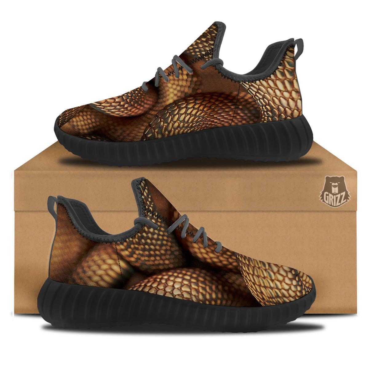 Bronze Snake Print Black Walking Shoes-grizzshop