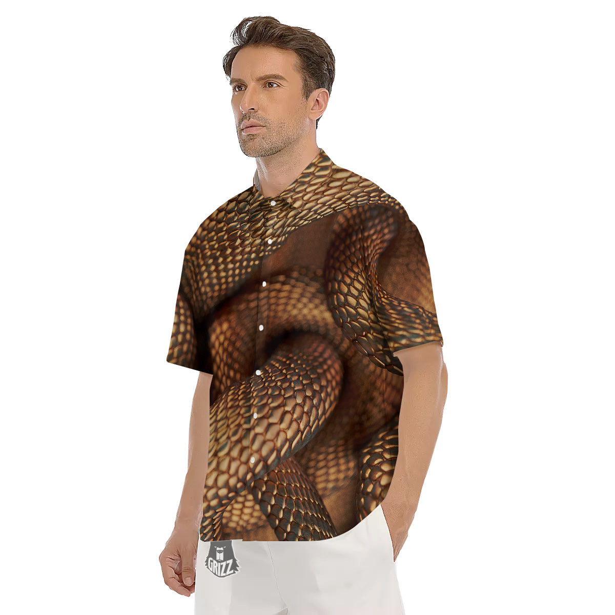 Bronze Snake Print Men's Short Sleeve Shirts-grizzshop