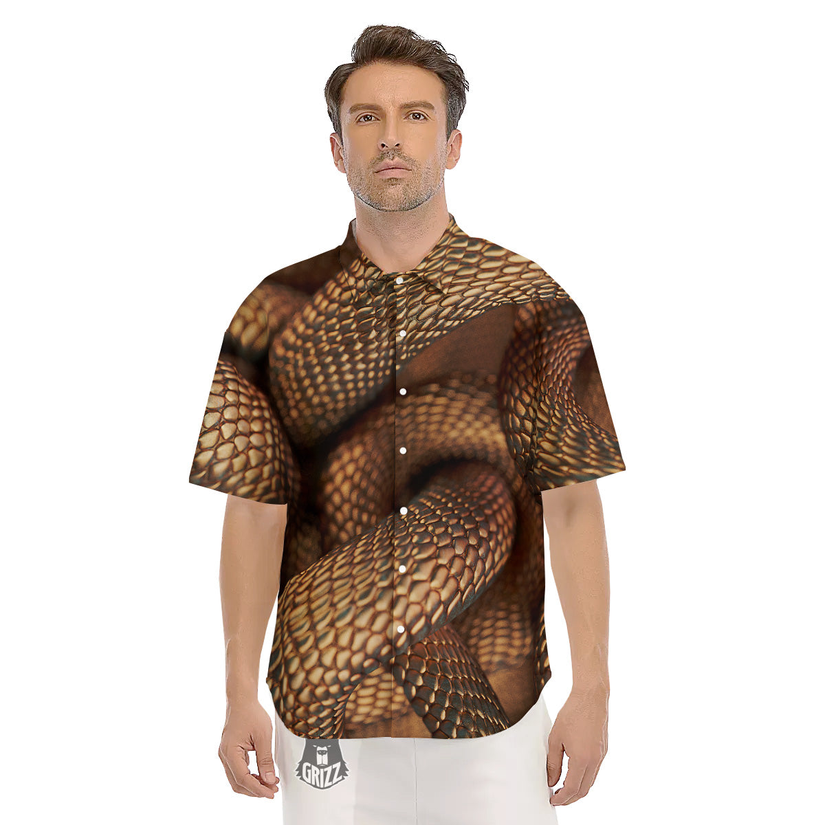 Bronze Snake Print Men's Short Sleeve Shirts-grizzshop