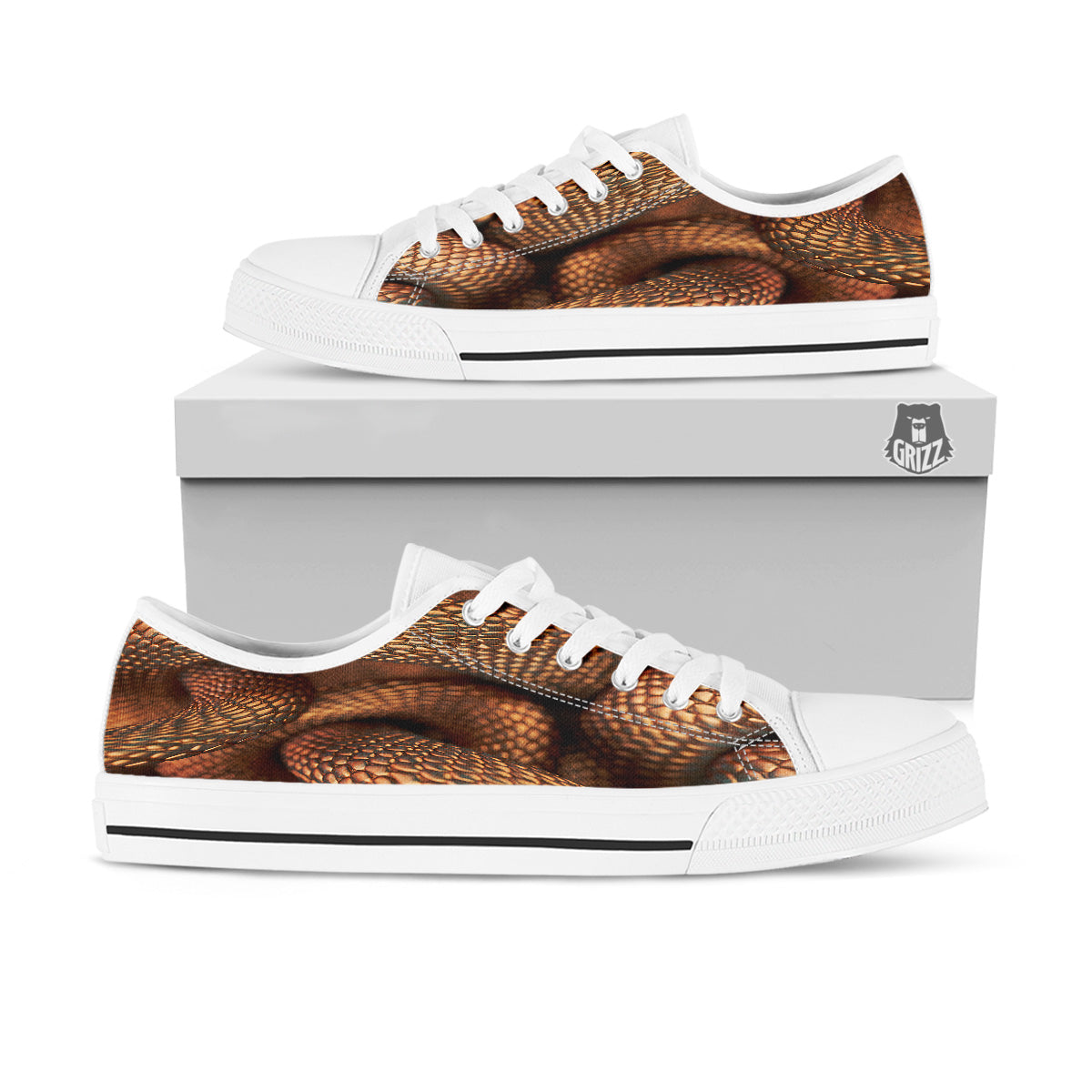 Bronze Snake Print White Low Top Shoes