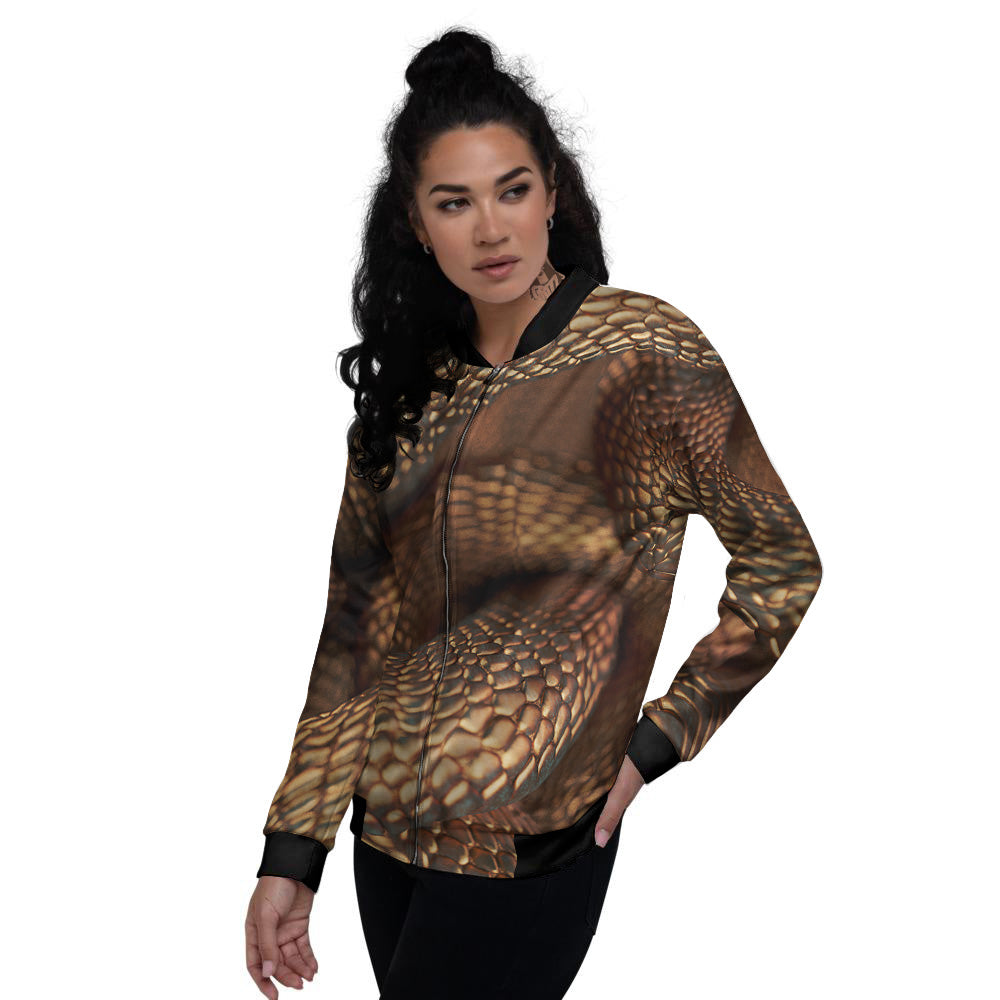 Bronze Snake Print Women's Bomber Jacket-grizzshop