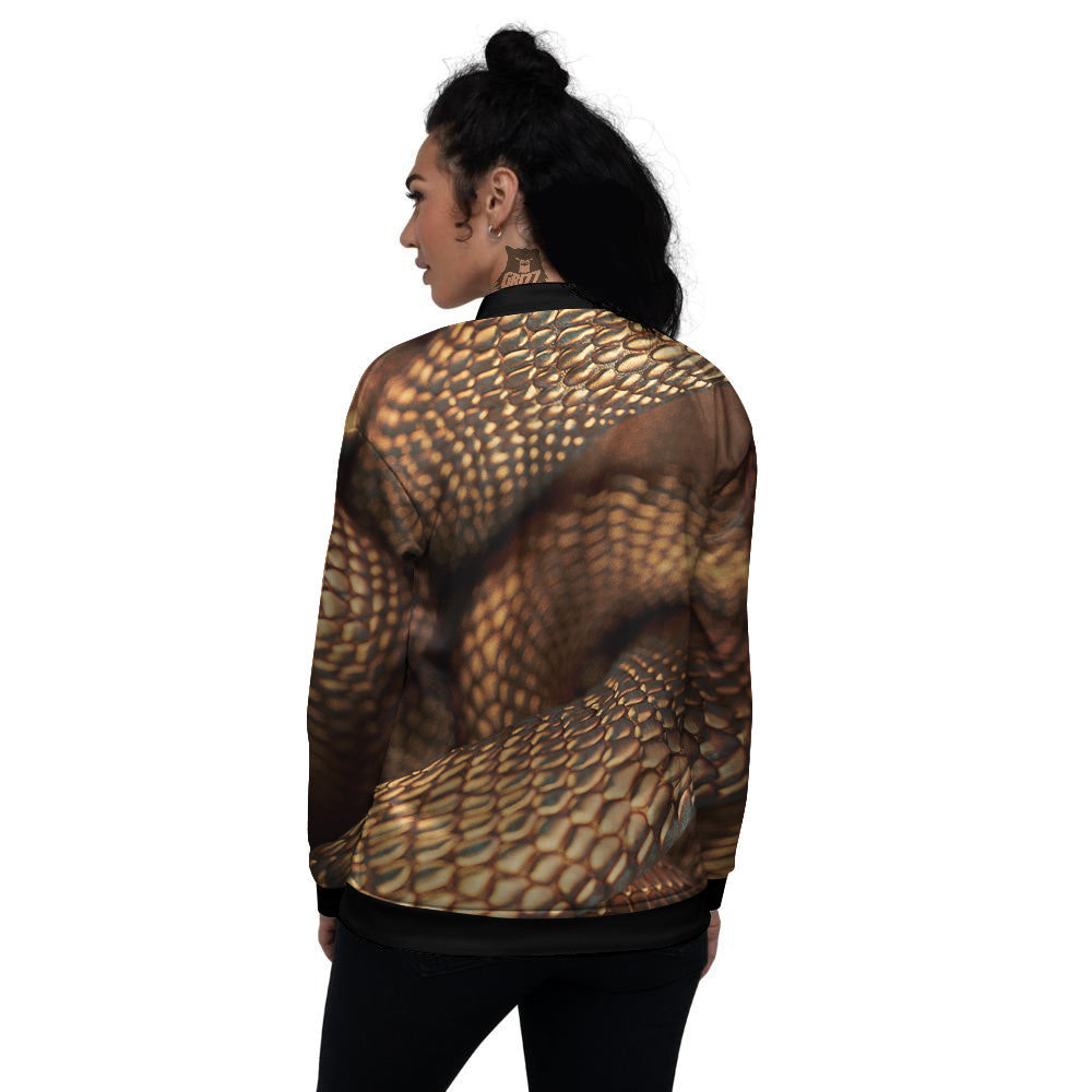 Bronze Snake Print Women's Bomber Jacket-grizzshop