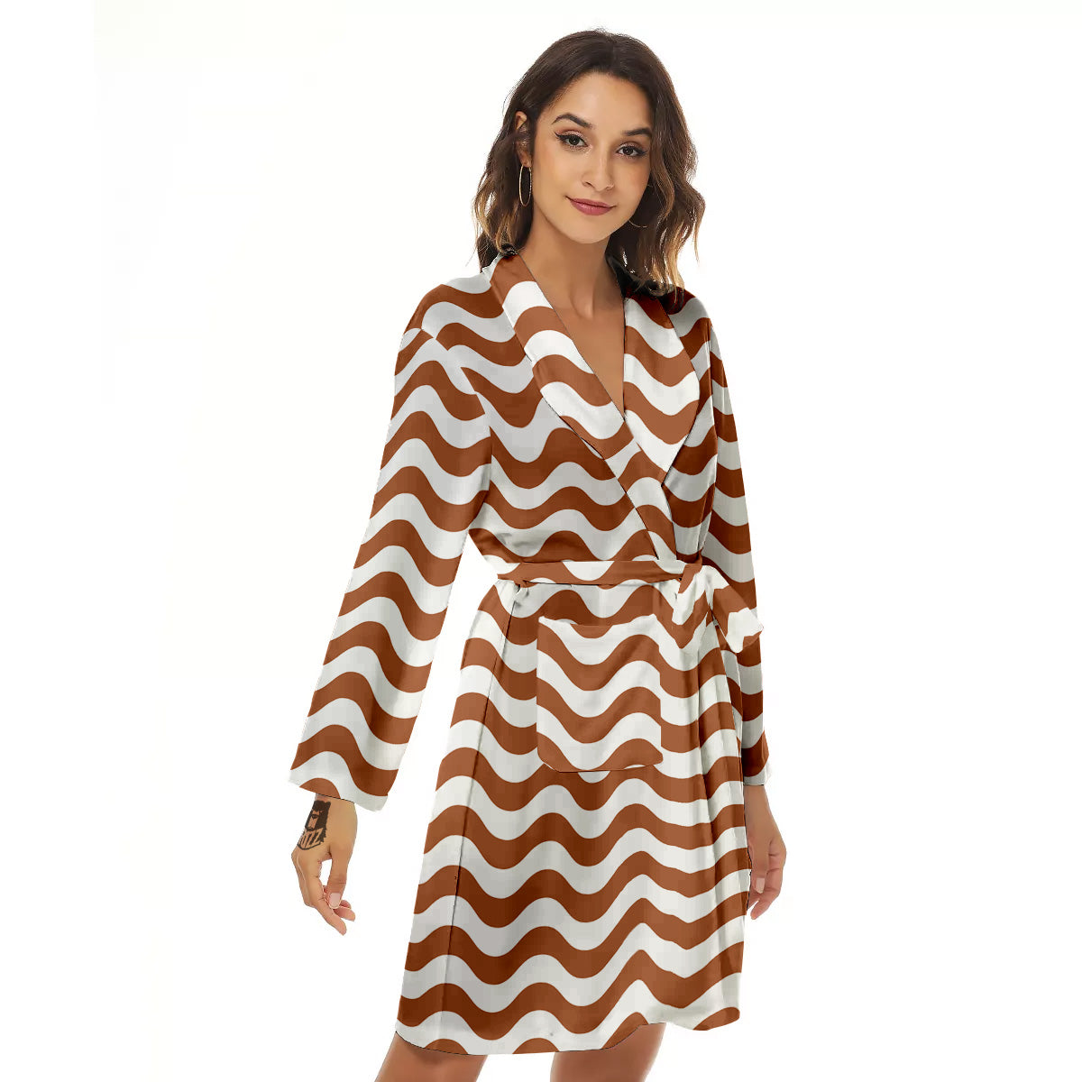 Bronze Wave Striped Print Women's Robe-grizzshop
