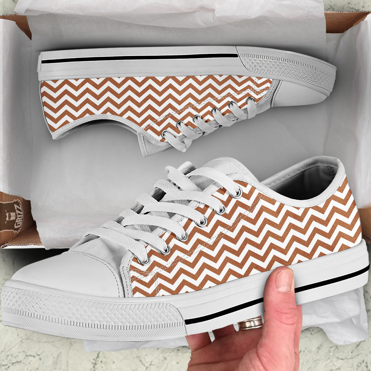 Bronze Zigzag Print Pattern White Low Top Shoes-grizzshop