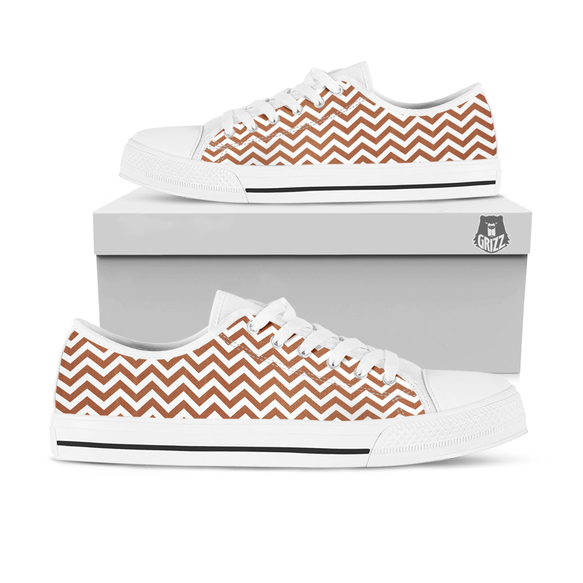 Bronze Zigzag Print Pattern White Low Top Shoes-grizzshop