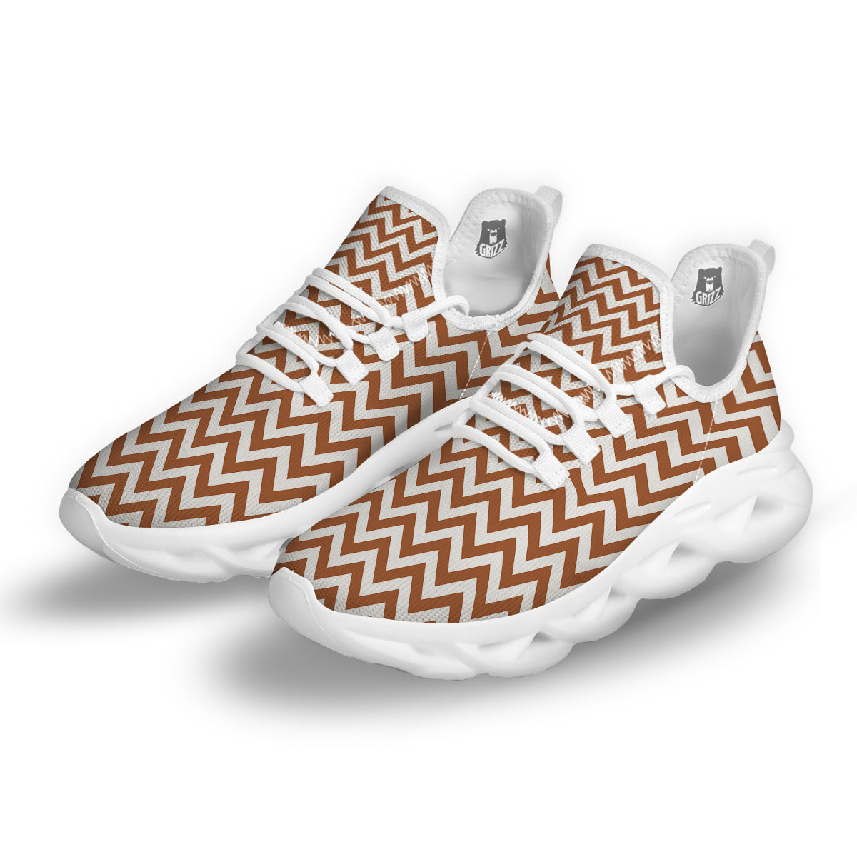 Bronze Zigzag Print Pattern White Running Shoes-grizzshop