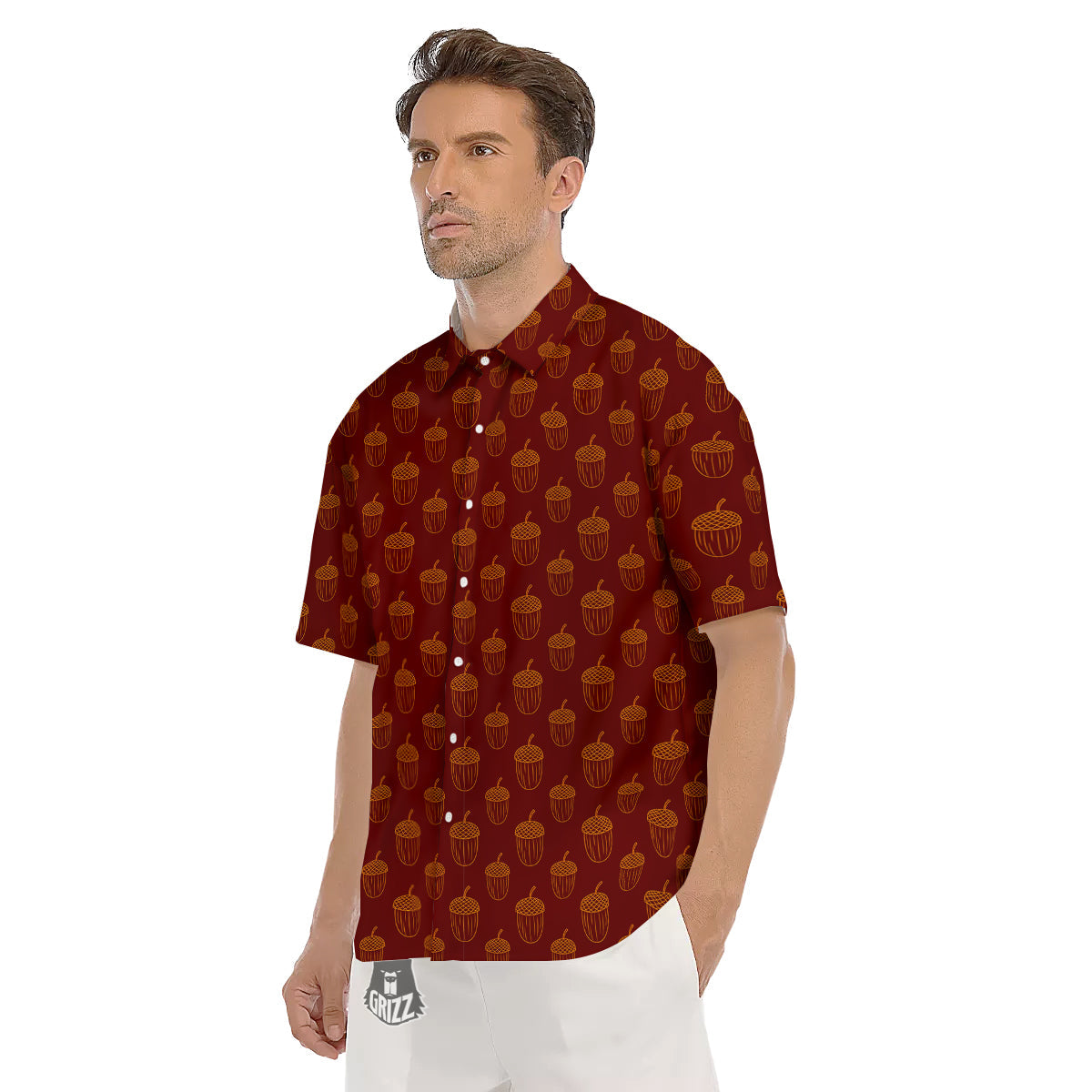 Brown Acorn Print Pattern Men's Short Sleeve Shirts-grizzshop