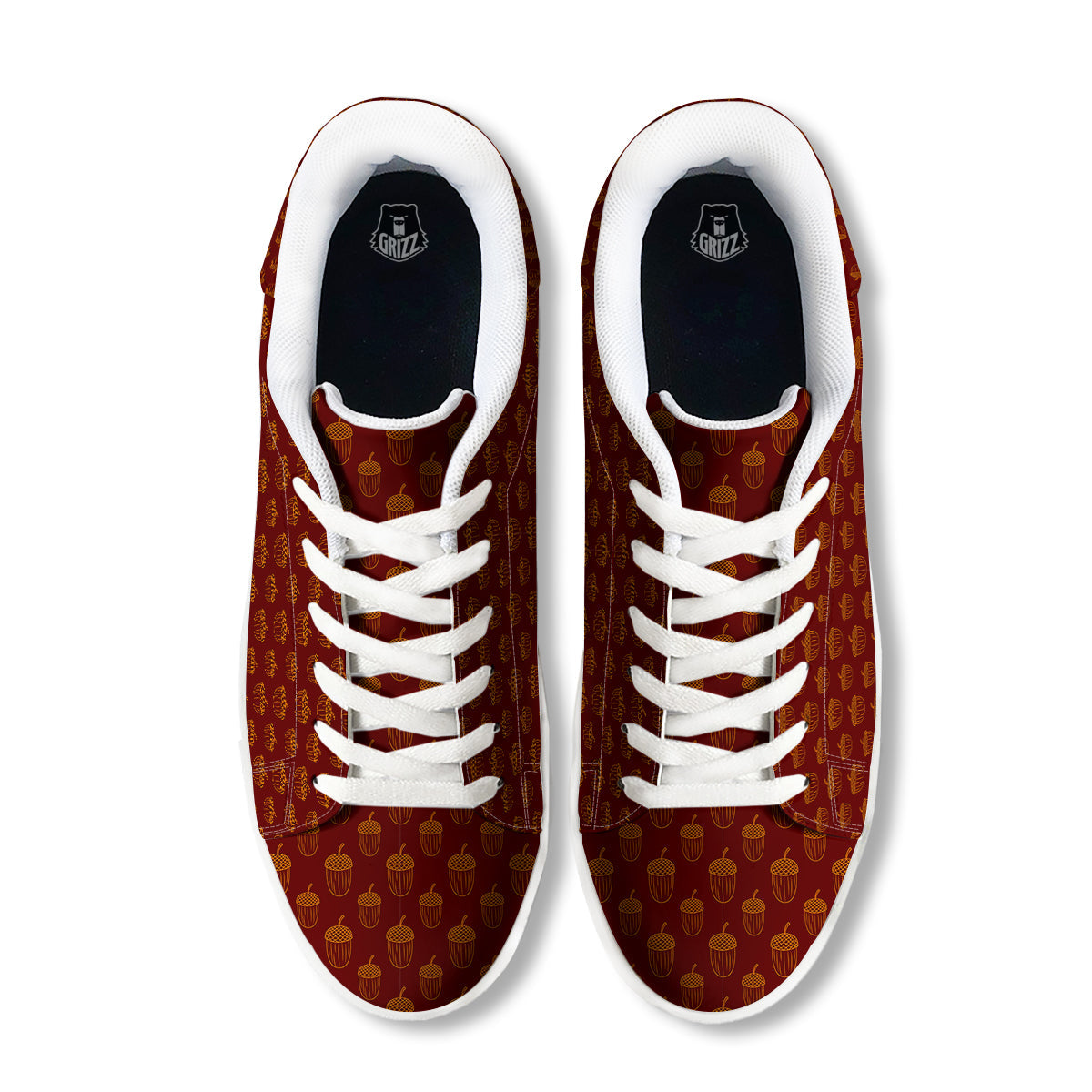 Brown Acorn Print Pattern White Low Top Sneakers-grizzshop