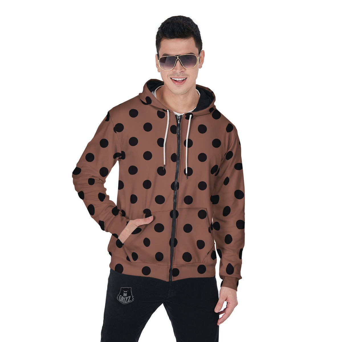 Brown And Black Polka Dot Men's Zip Up Hoodie-grizzshop