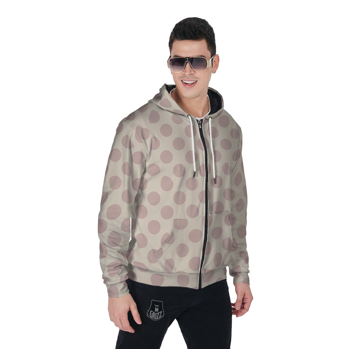 Brown And Cream Polka Dot Men's Zip Up Hoodie-grizzshop