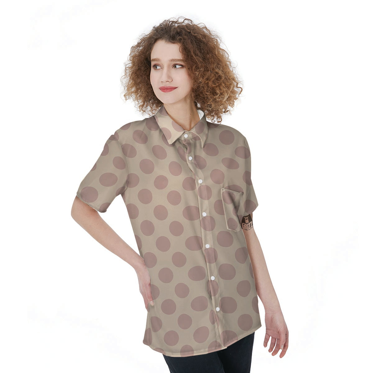 Brown And Cream Polka Dot Women's Short Sleeve Shirts-grizzshop