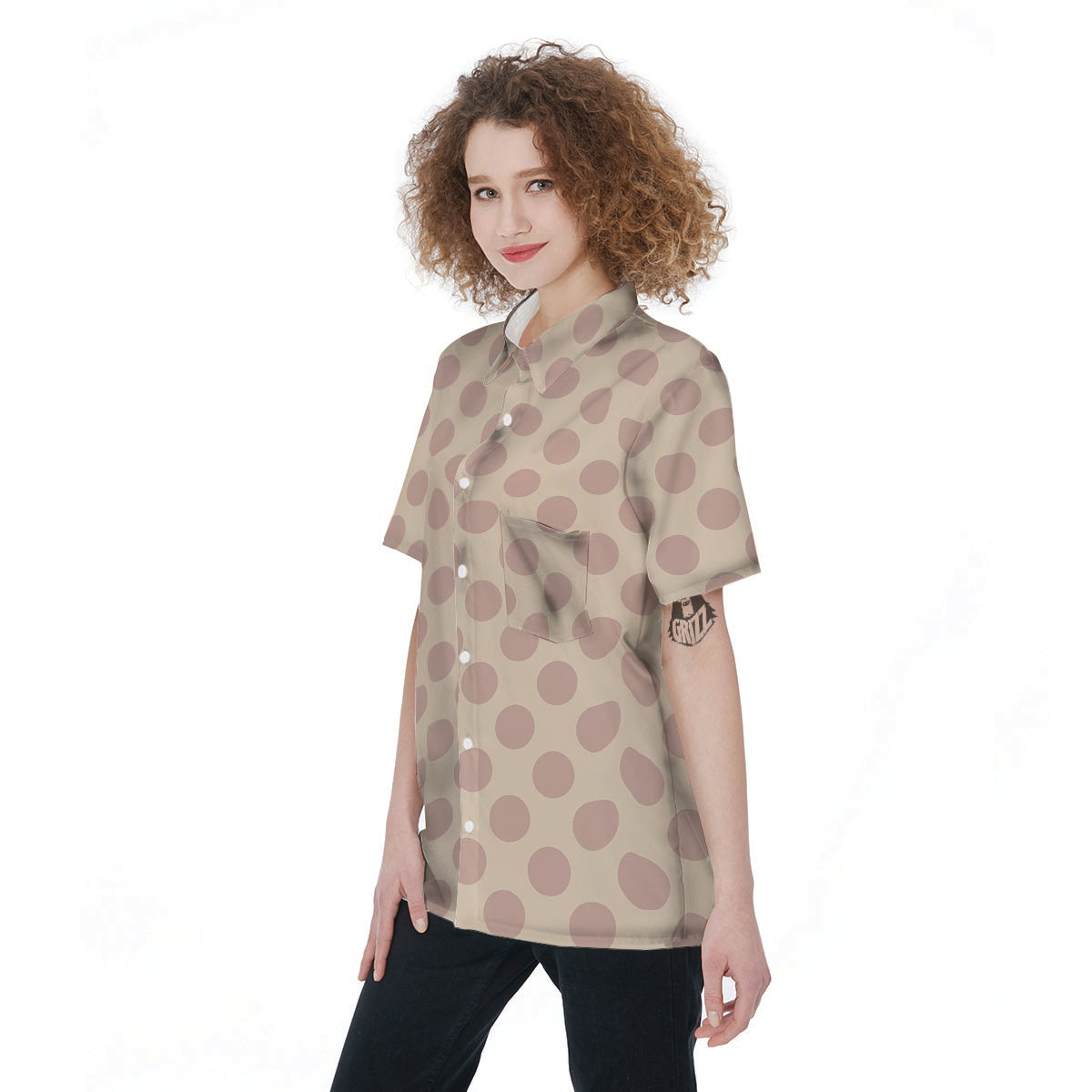 Brown And Cream Polka Dot Women's Short Sleeve Shirts-grizzshop