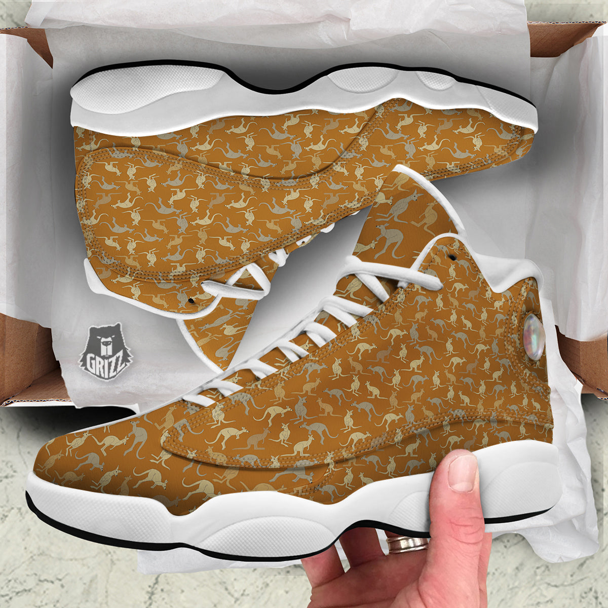 Brown And Grey Kangaroo Print Pattern White Basketball Shoes-grizzshop