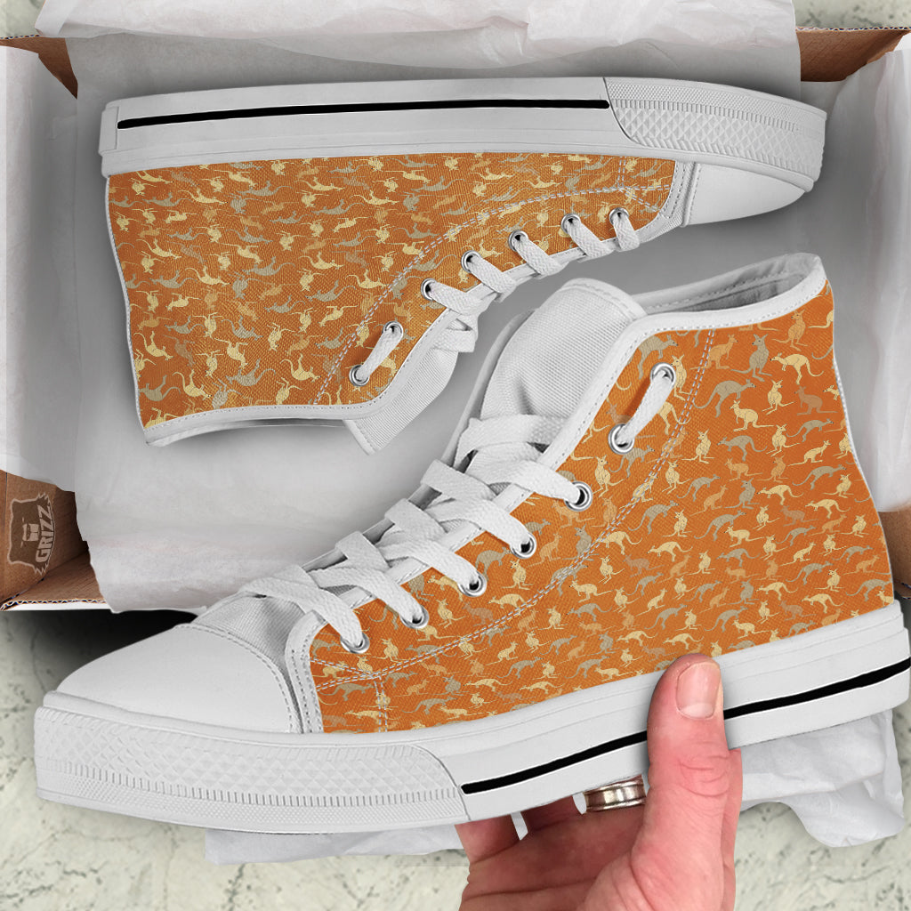 Brown And Grey Kangaroo Print Pattern White High Top Shoes-grizzshop
