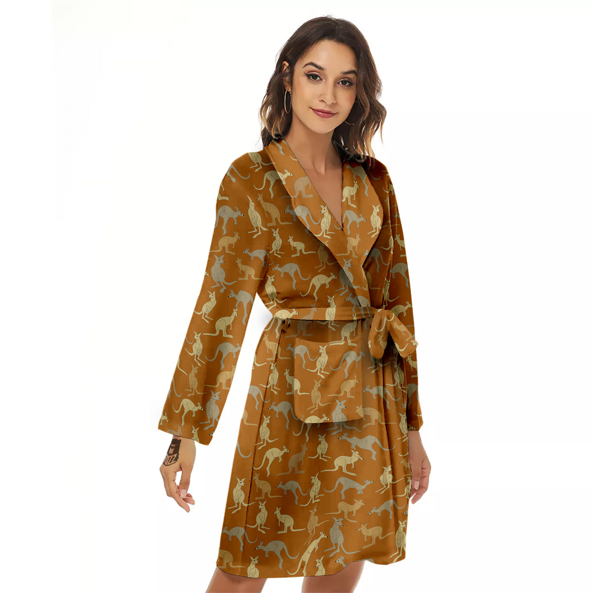 Brown And Grey Kangaroo Print Pattern Women's Robe-grizzshop