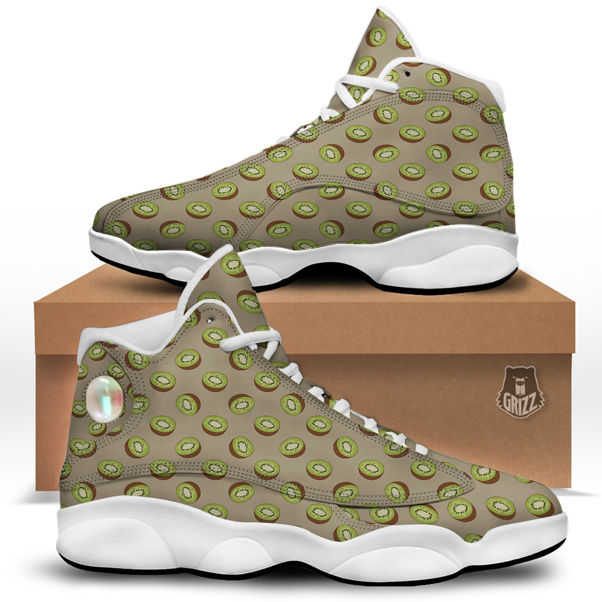 Brown And Kiwi Print Pattern White Basketball Shoes-grizzshop