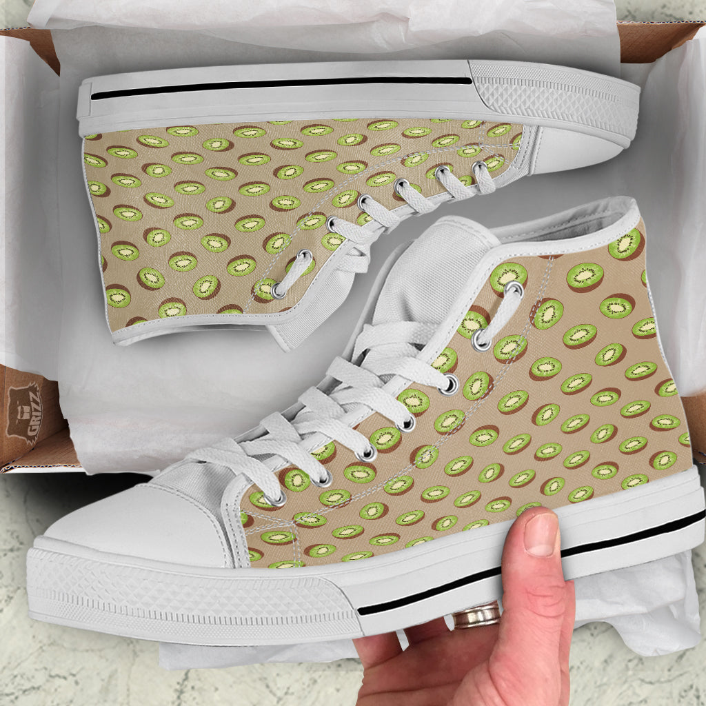 Brown And Kiwi Print Pattern White High Top Shoes-grizzshop
