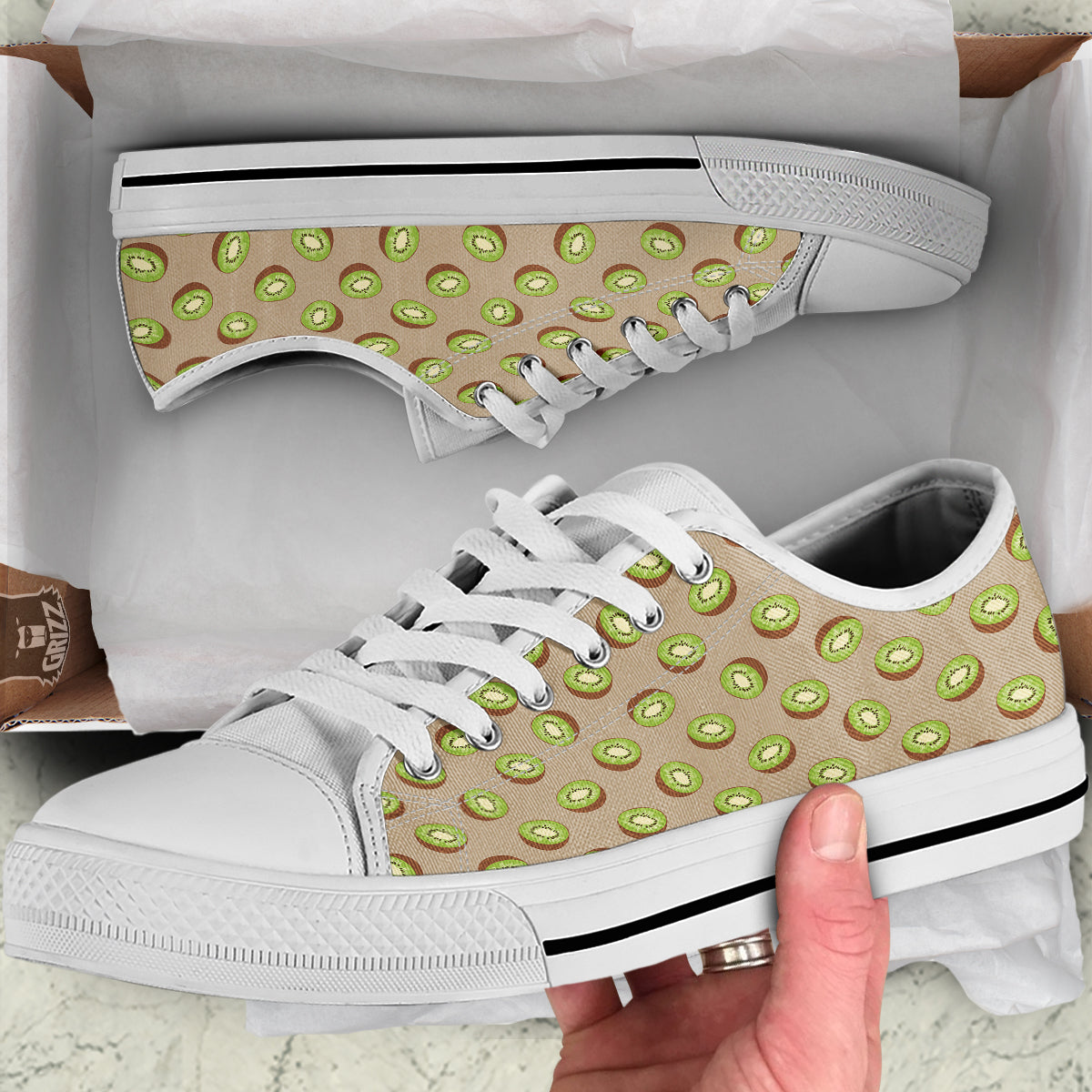 Brown And Kiwi Print Pattern White Low Top Shoes-grizzshop