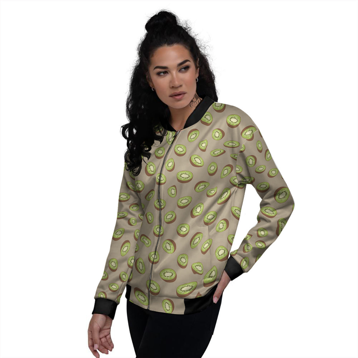 Brown And Kiwi Print Pattern Women's Bomber Jacket-grizzshop