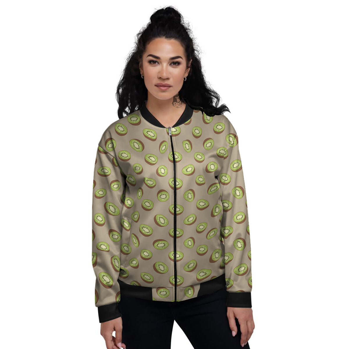Brown And Kiwi Print Pattern Women's Bomber Jacket-grizzshop