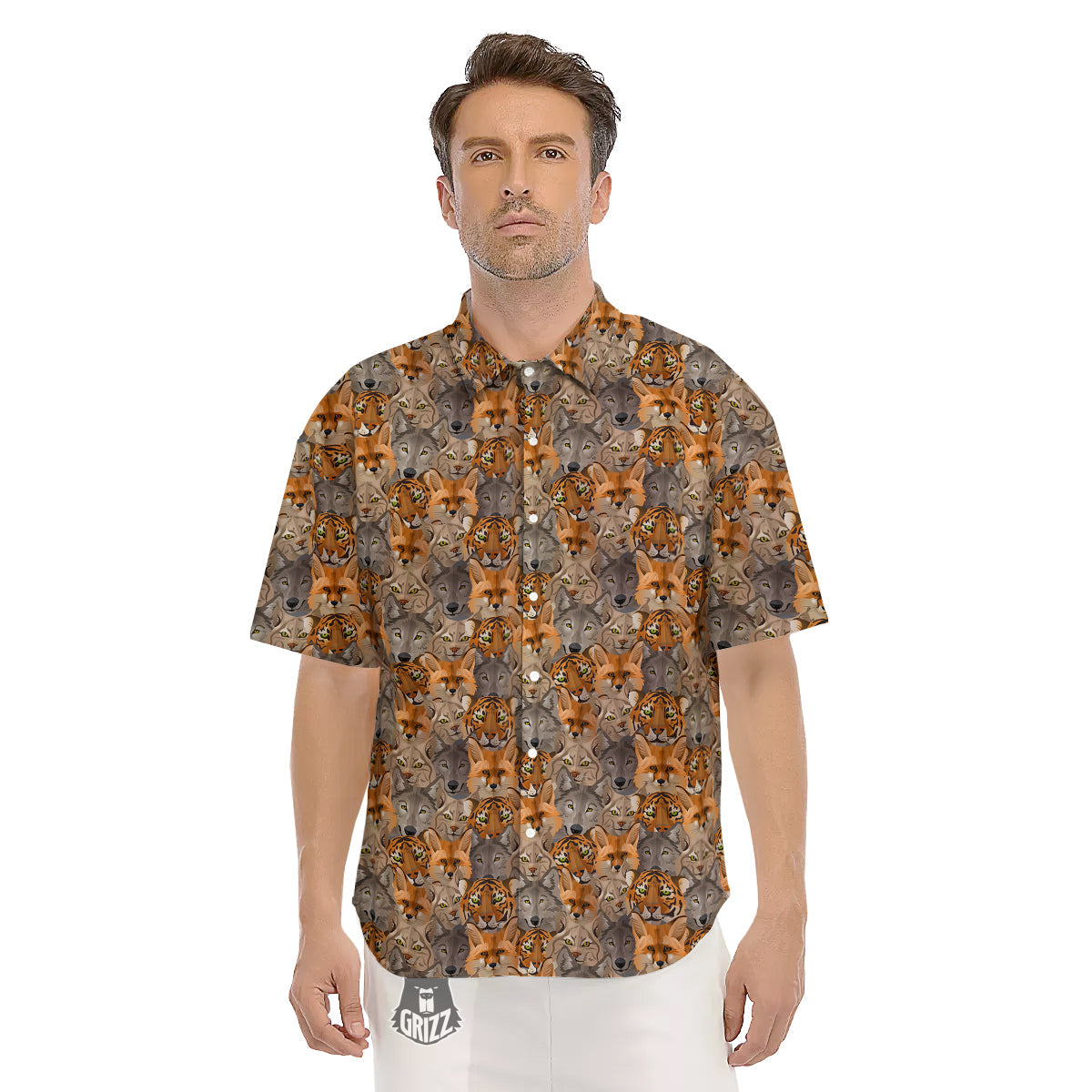 Brown And Orange Wild Animals Print Pattern Men's Short Sleeve Shirts-grizzshop