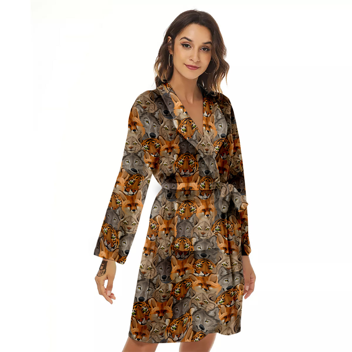 Brown And Orange Wild Animals Print Pattern Women's Robe-grizzshop