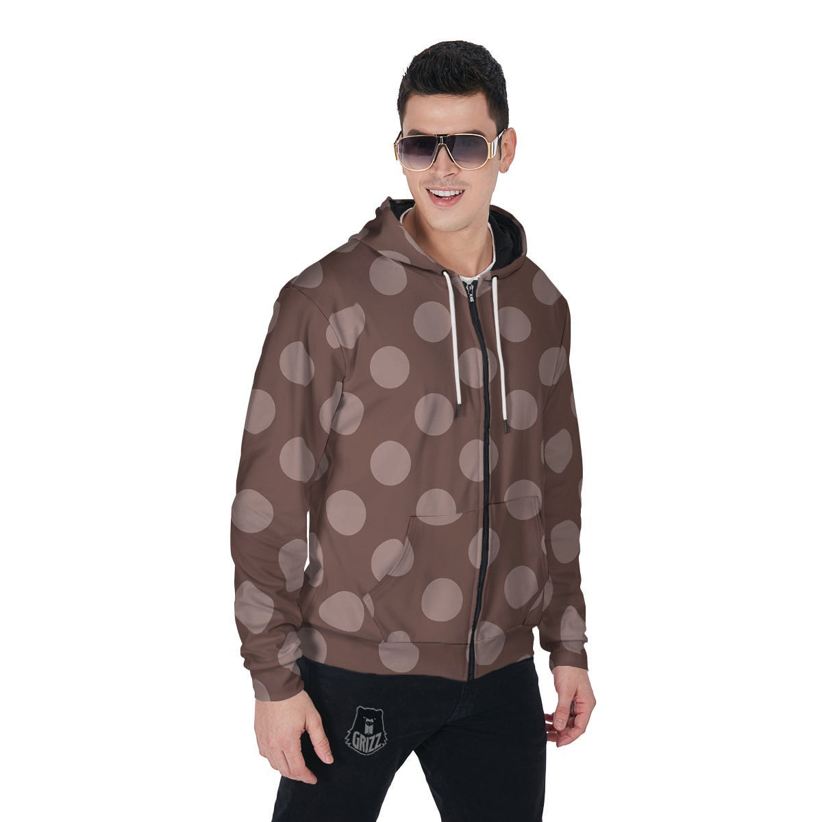 Brown And Tan Polka Dot Men's Zip Up Hoodie-grizzshop