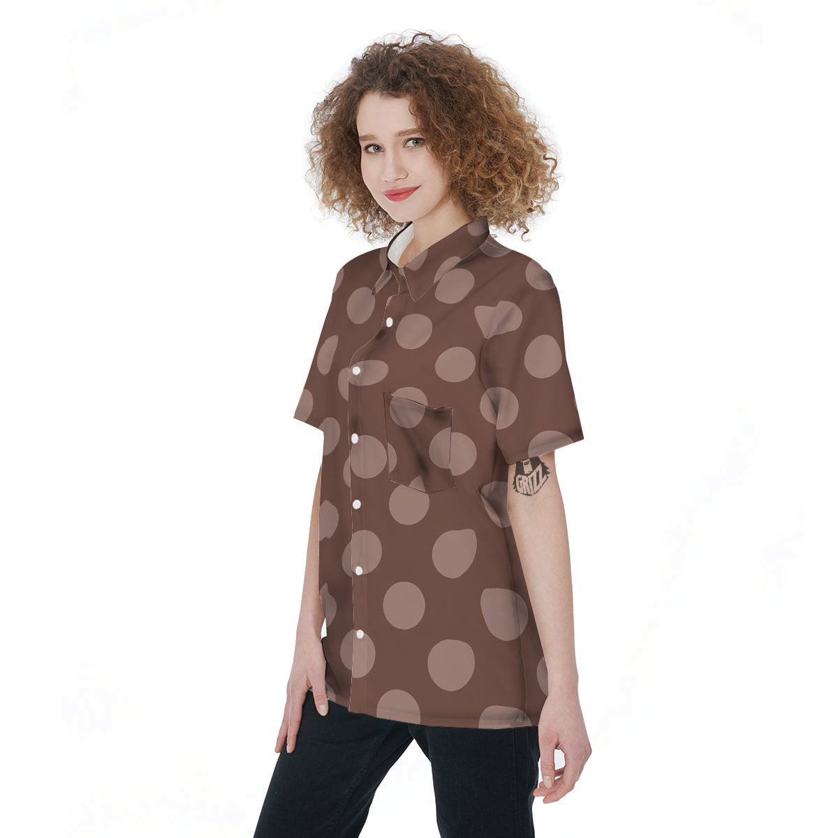 Brown And Tan Polka Dot Women's Short Sleeve Shirts-grizzshop