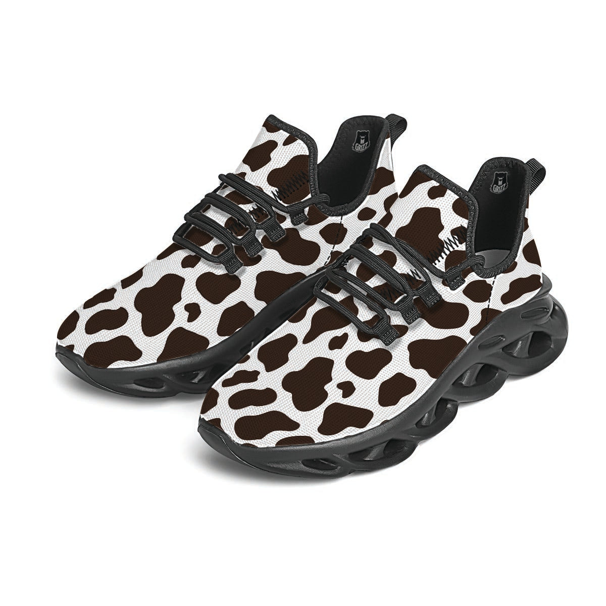 Brown And White Cow Print Black Running Shoes-grizzshop