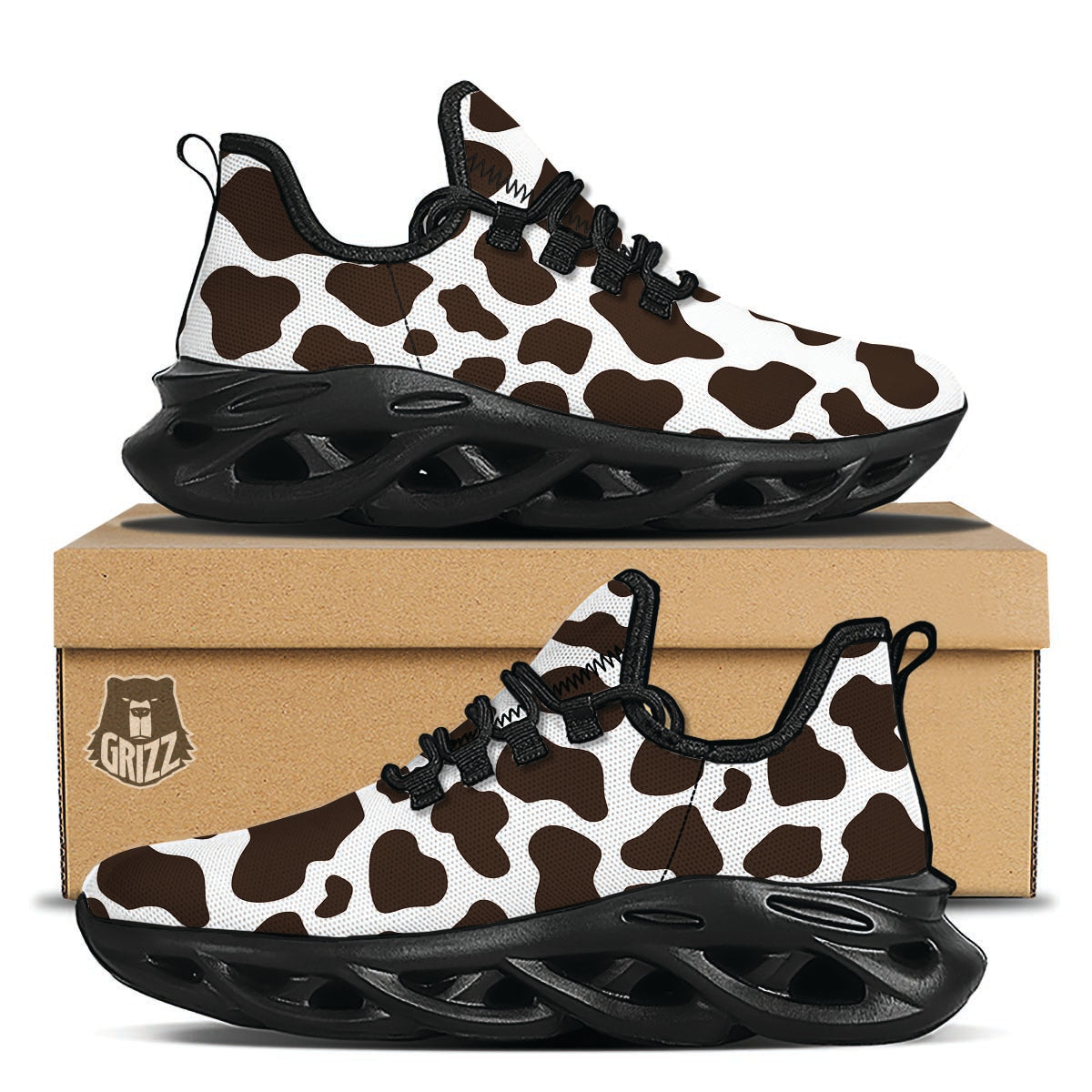 Brown And White Cow Print Black Running Shoes-grizzshop