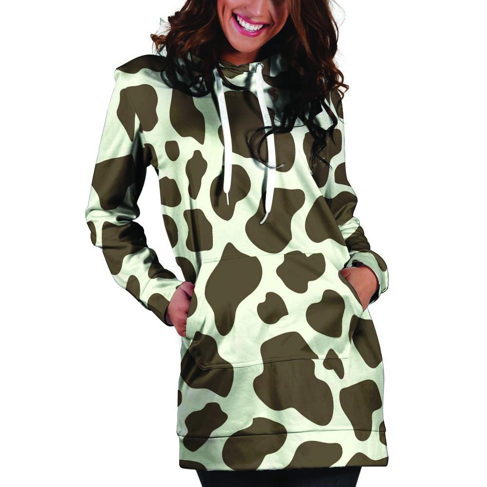 Brown And White Cow Print Hoodie Dress-grizzshop