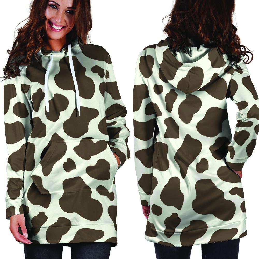 Brown And White Cow Print Hoodie Dress-grizzshop