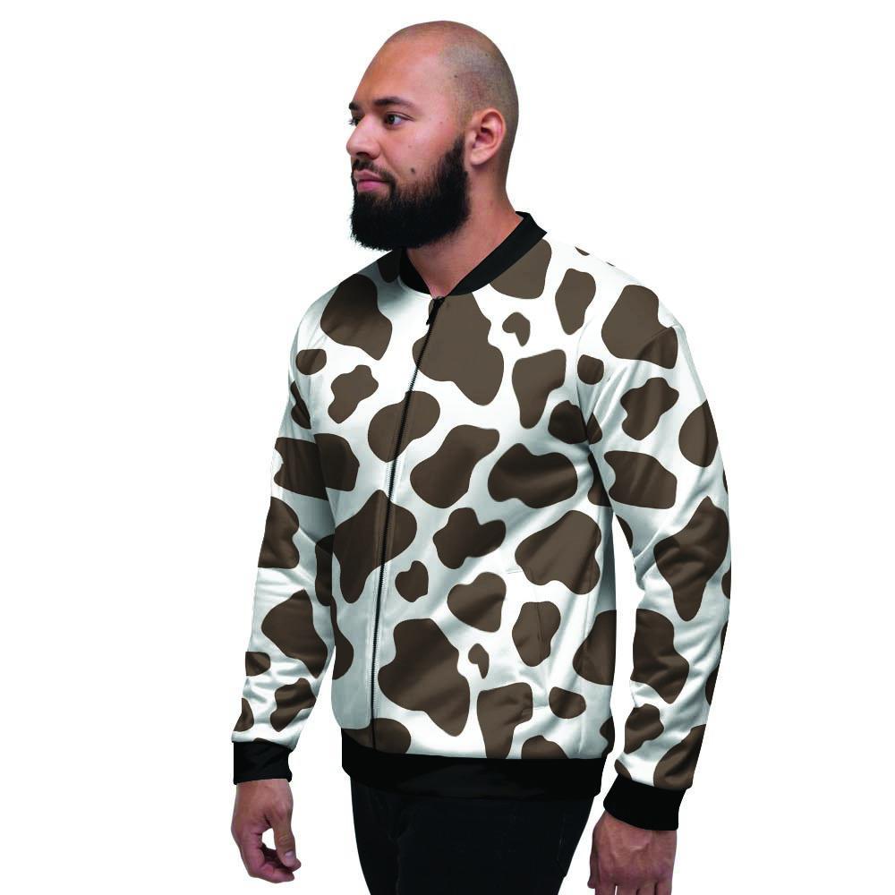 Brown And White Cow Print Men's Bomber Jacket-grizzshop