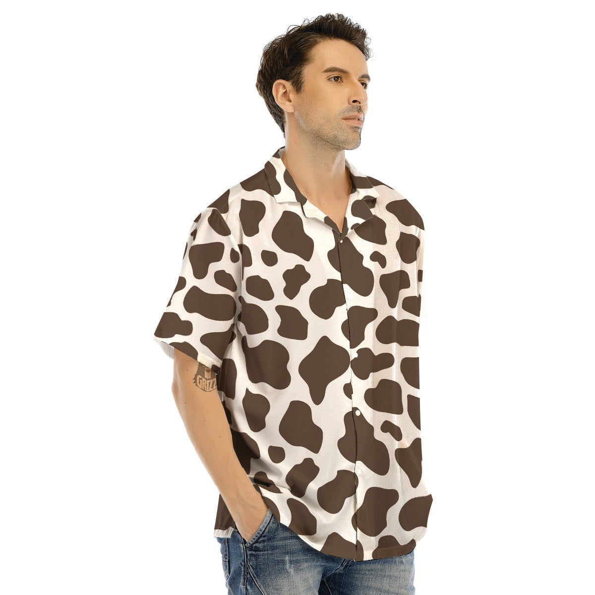 Brown And White Cow Print Men’s Hawaiian Shirt-grizzshop