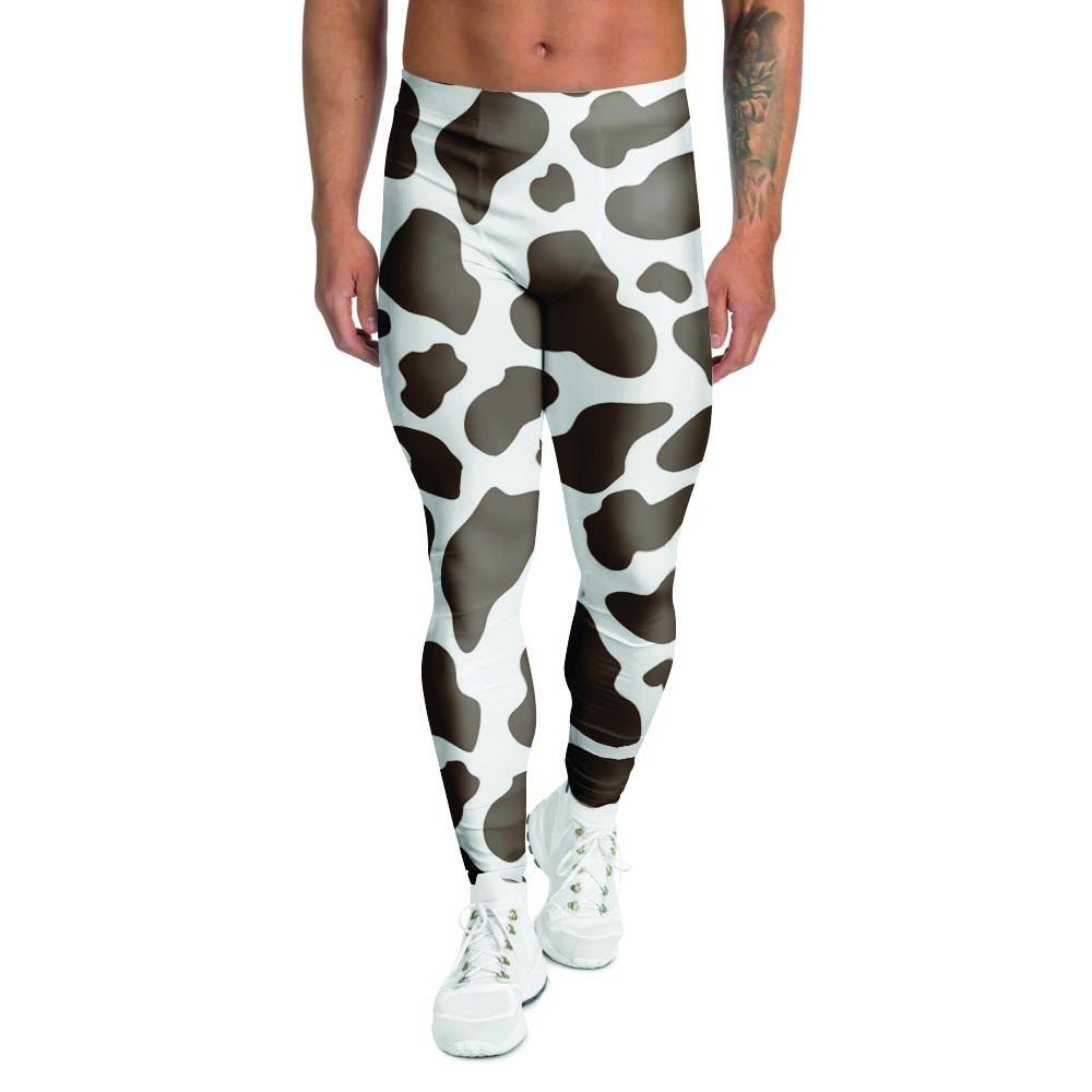 Brown And White Cow Print Men's Leggings-grizzshop