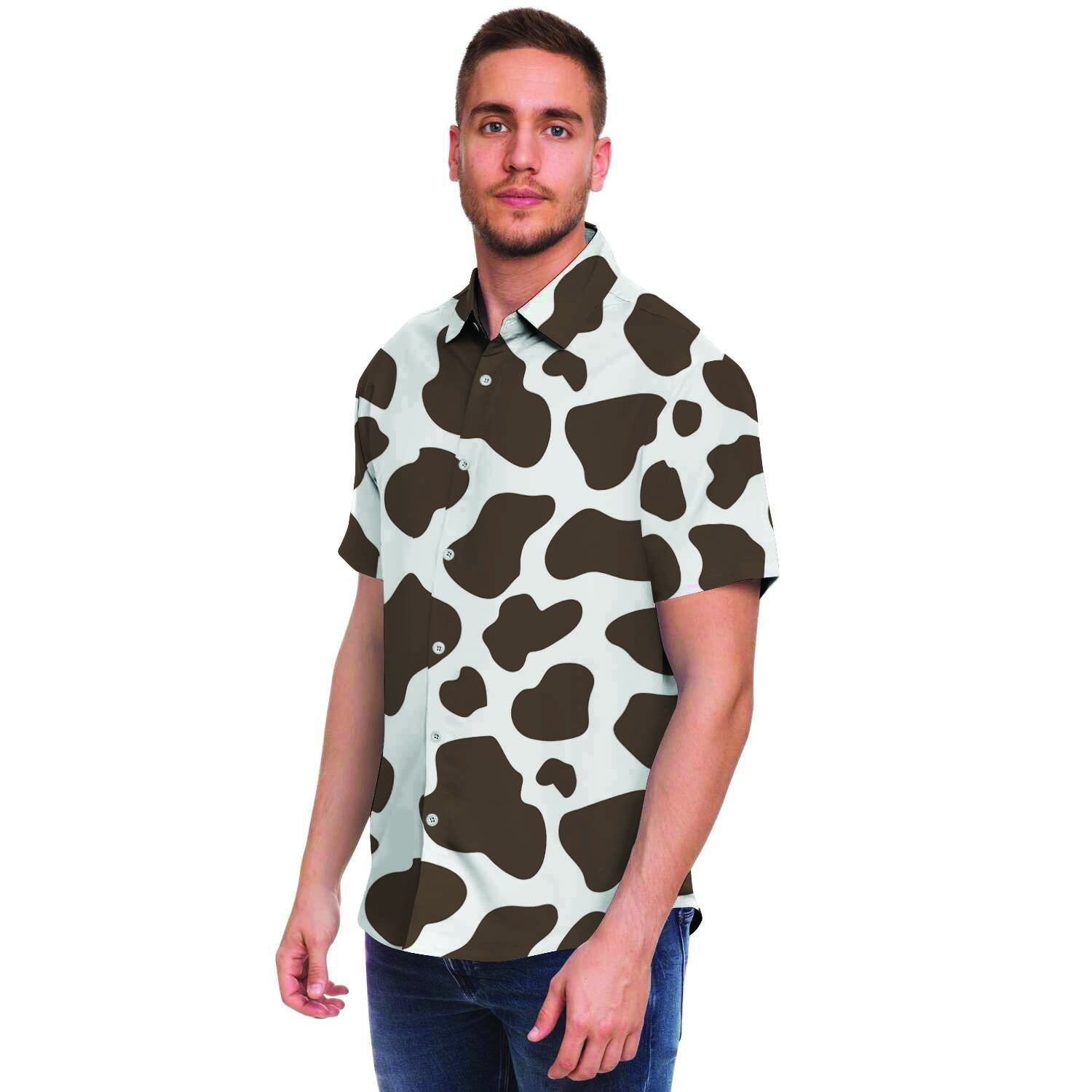 Brown And White Cow Print Men's Short Sleeve Shirt-grizzshop