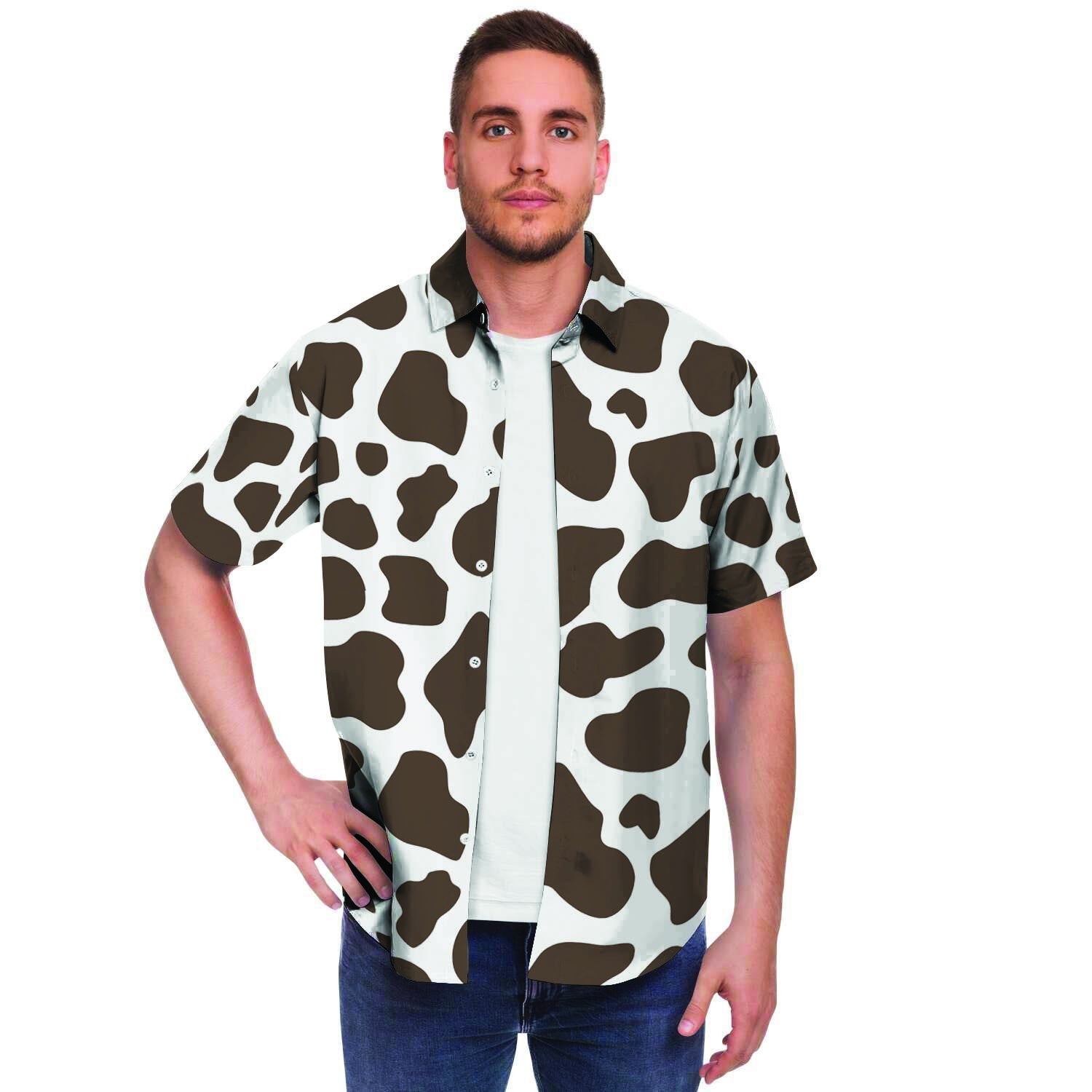 Brown And White Cow Print Men's Short Sleeve Shirt-grizzshop