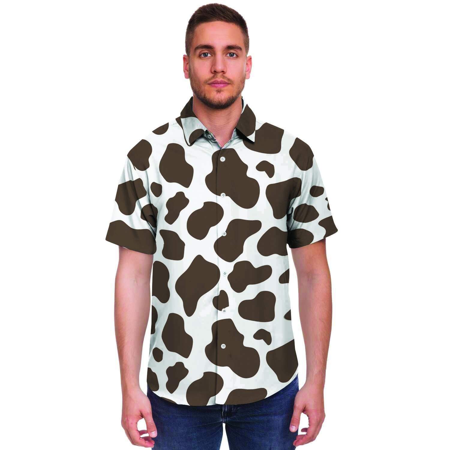 Brown And White Cow Print Men's Short Sleeve Shirt-grizzshop