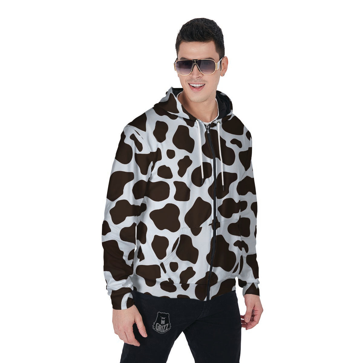 Brown And White Cow Print Men's Zip Up Hoodie-grizzshop