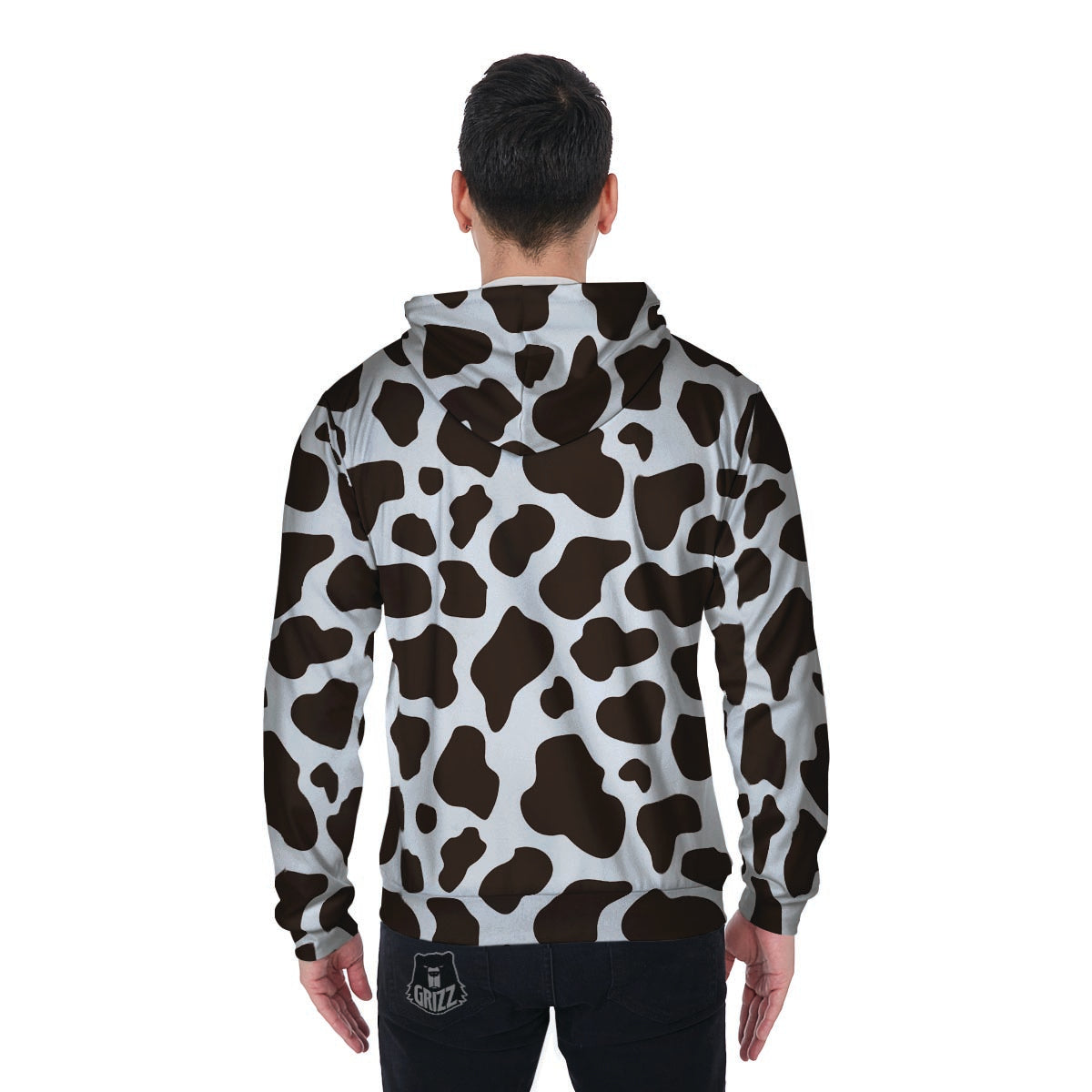 Brown And White Cow Print Men's Zip Up Hoodie-grizzshop