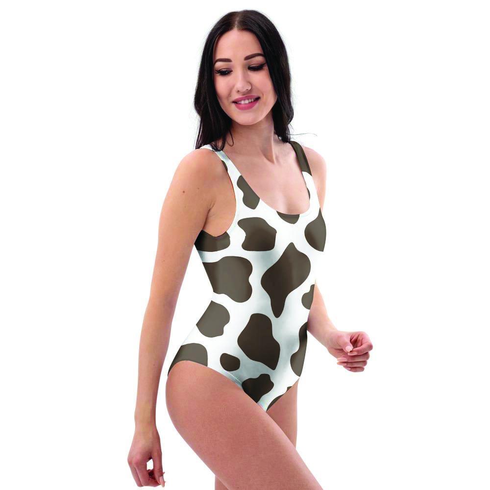 Brown And White Cow Print One Piece Swimsuite-grizzshop