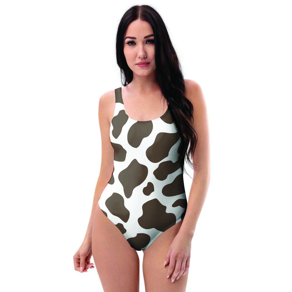 Brown And White Cow Print One Piece Swimsuite-grizzshop