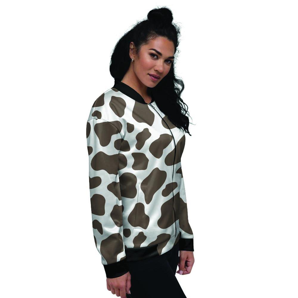 Brown And White Cow Print Women's Bomber Jacket-grizzshop