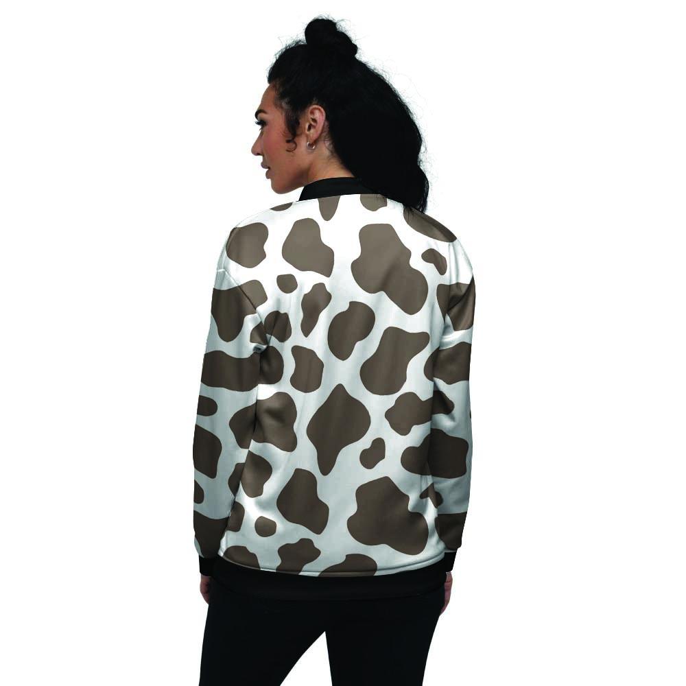 Brown And White Cow Print Women's Bomber Jacket-grizzshop