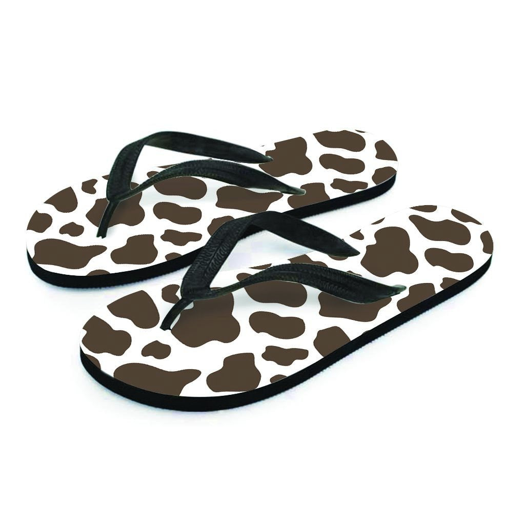 Brown And White Cow Print Women's Flip Flops-grizzshop