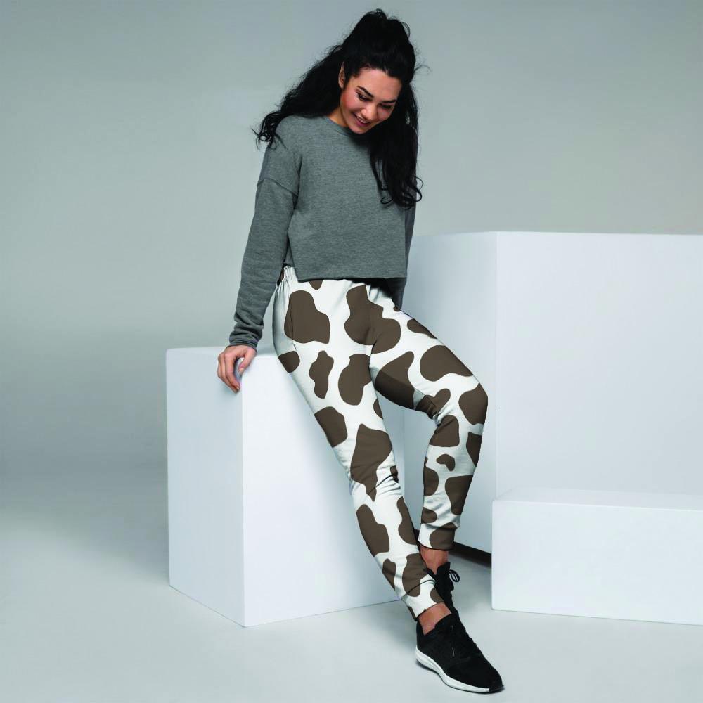 Brown And White Cow Print Women's Joggers-grizzshop