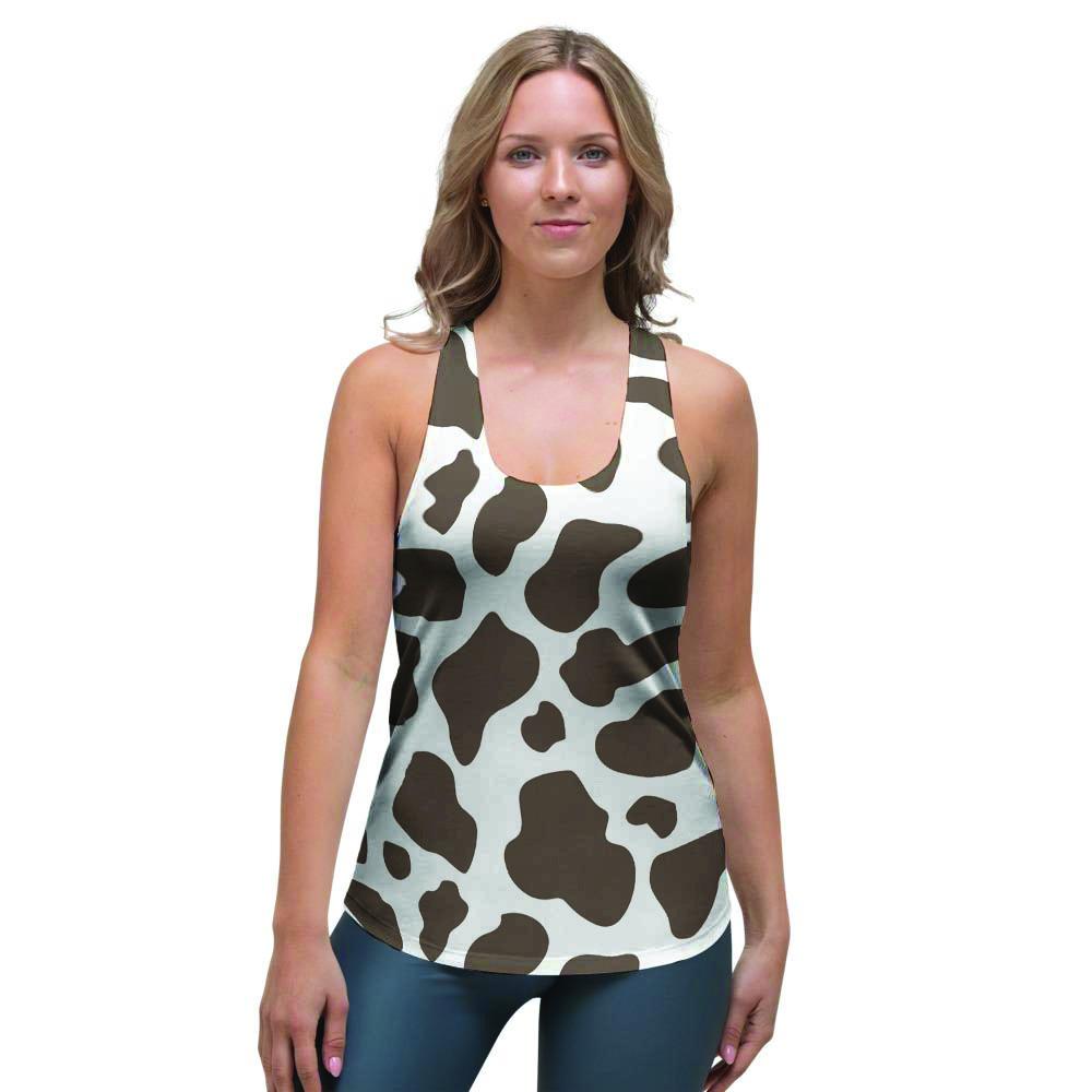 Brown And White Cow Print Women's Racerback Tank Top-grizzshop