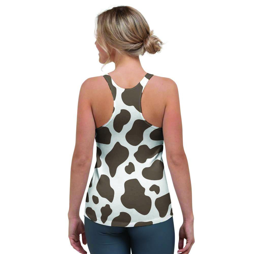 Brown And White Cow Print Women's Racerback Tank Top-grizzshop