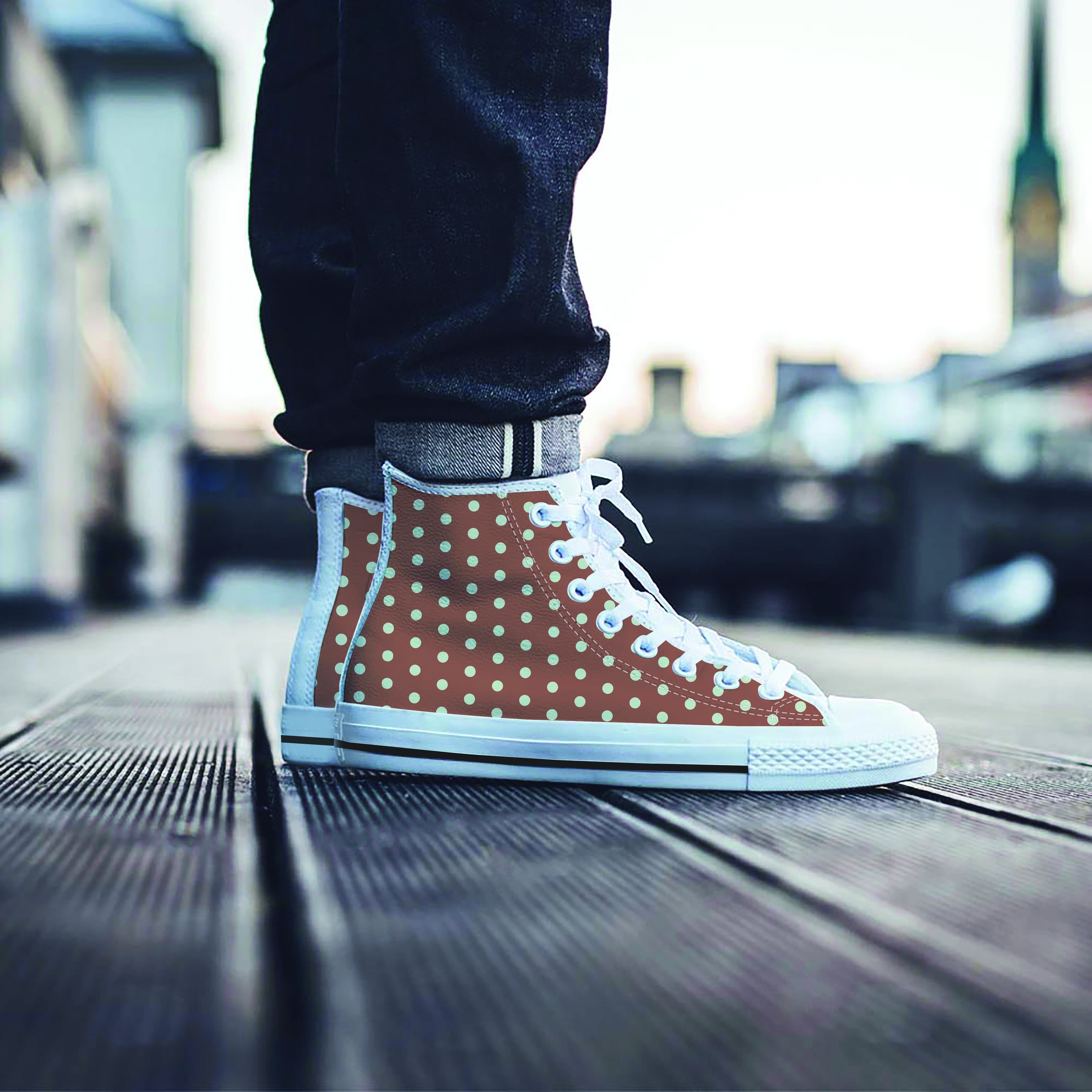 Brown And White Polka Dot Men's High Top Shoes-grizzshop