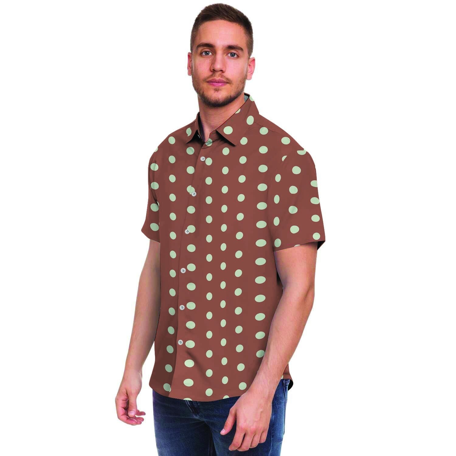 Brown And White Polka Dot Men's Short Sleeve Shirt-grizzshop